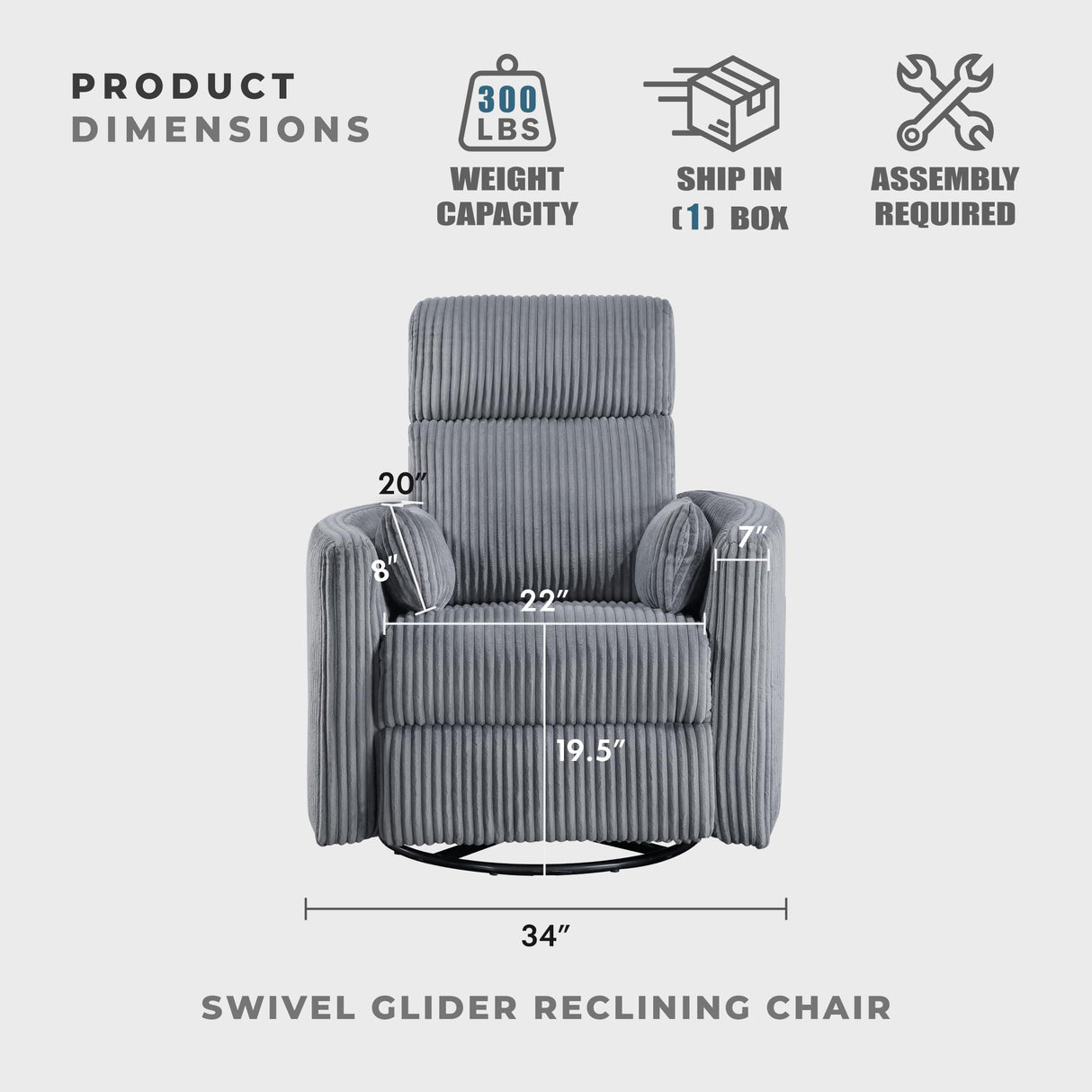Lexicon Modern Swivel Glider Recliner Chair, Nursery Glider, Corduroy Fabric Upholstery Recliner with 2 Lumbar Pillows, Manual Reclining Sofa Chair for Living Room/Office/Apartment, Grey Lexicon
