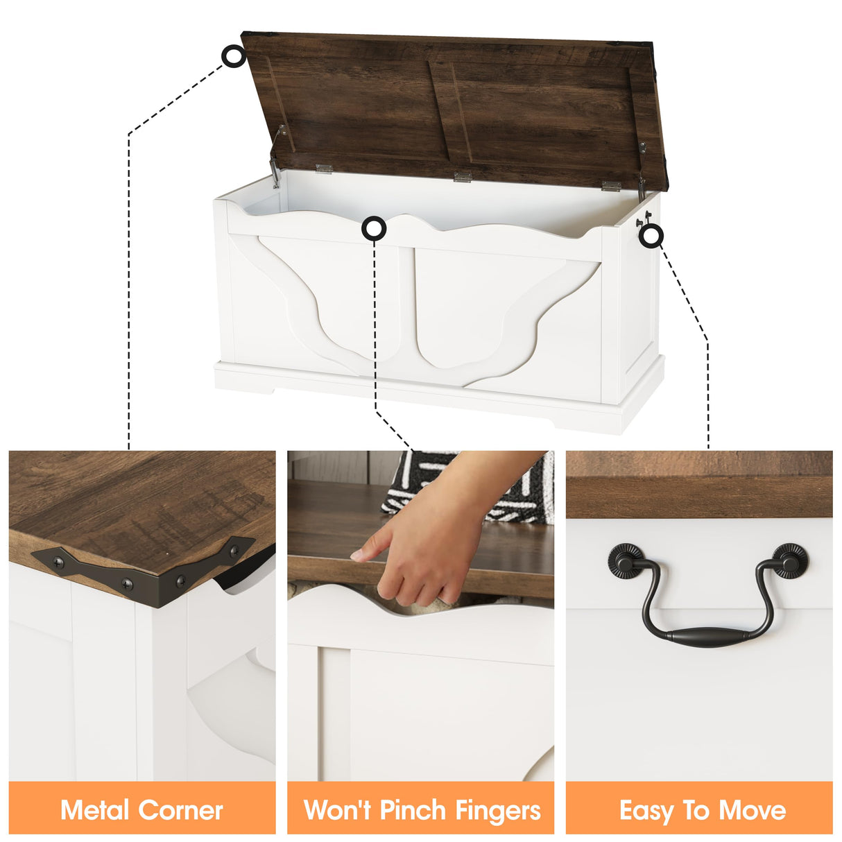 Maupvit Storage Chest, 39.4" Wooden Storage Trunk with 2 Safety Hinges, End of Bedroom Bed Bench with Metal Corner Decoration, Shoe Bench for Entryway, Bedroom, Living Room, White Maupvit