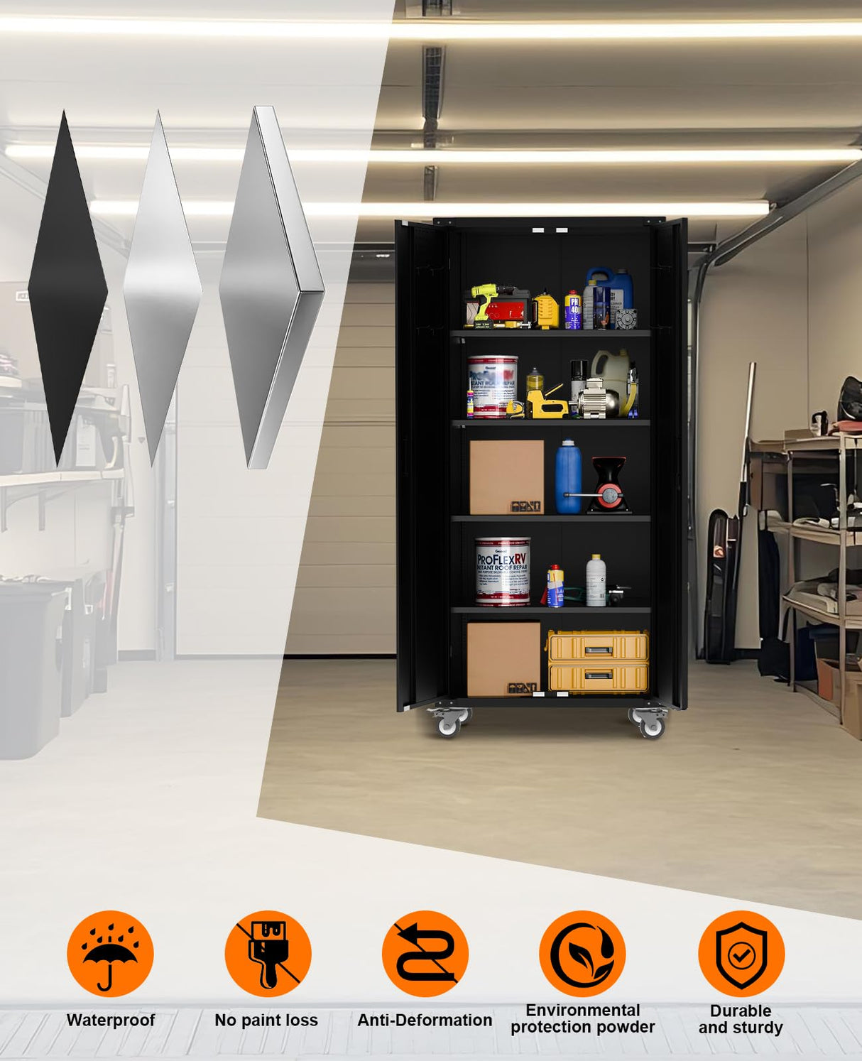 Metal Storage Cabinet 72" H with Wheels, Steel Tool Cabinet with Pegboard and 4 Adjustable Shelves, Lockable Rolling Garage Cabinet for Home,Garage,Office Organization GarveeHome