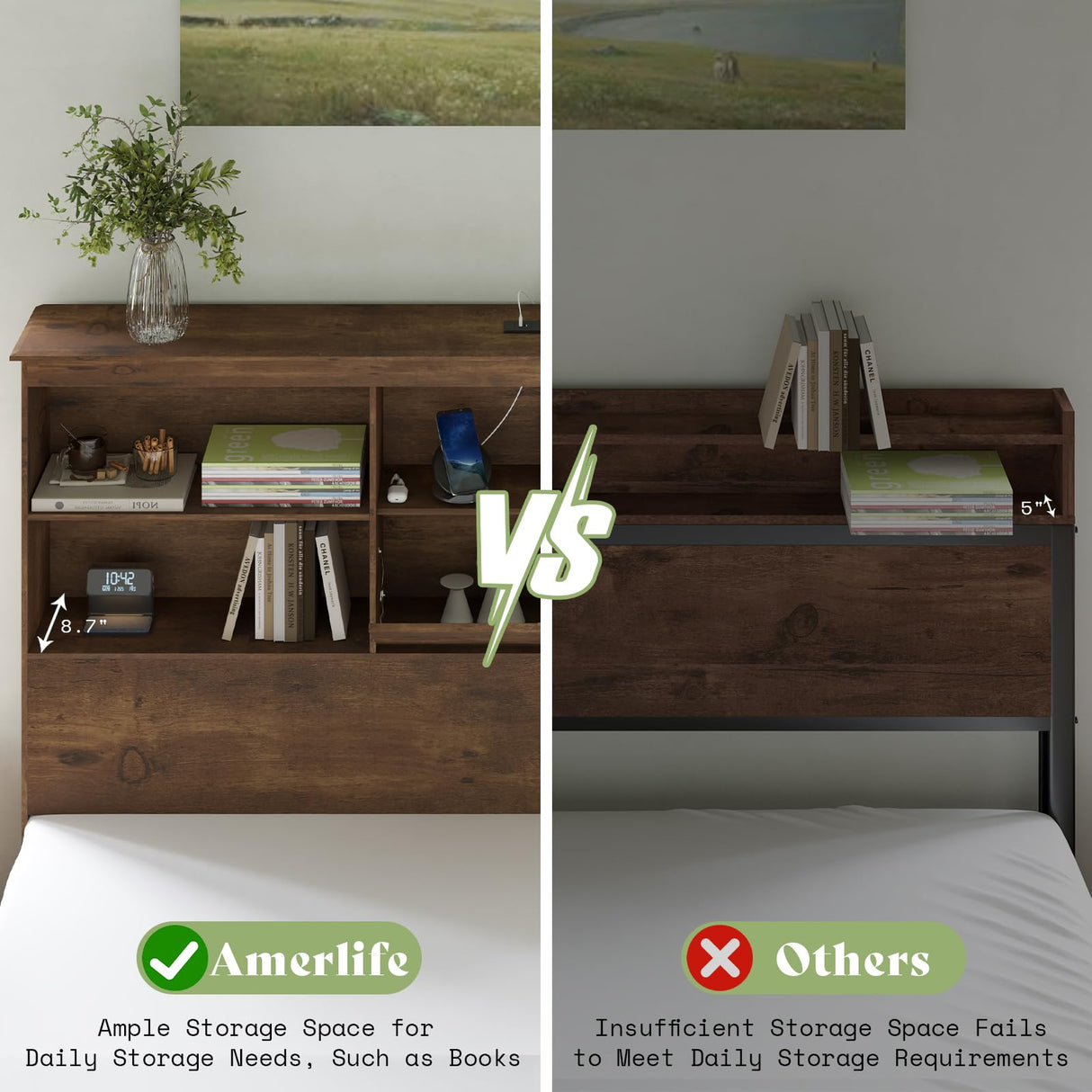 AMERLIFE Full Size Bed Frame Wooden Platform Bed with 51.2" LED Storage Bookcase Headboard, 4 Storage Drawers & Charging Station/No Box Spring Needed/Noise Free/Rustic Brown AMERLIFE