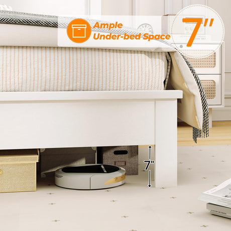 KOMFOTT Queen Size Wood Platform Bed Frame with Headboard, Wooden Mid Century Platform Bed with Slat Support & Under Bed Storage, Mattress Foundation Bed Base, No Box Spring Needed, White KOMFOTT