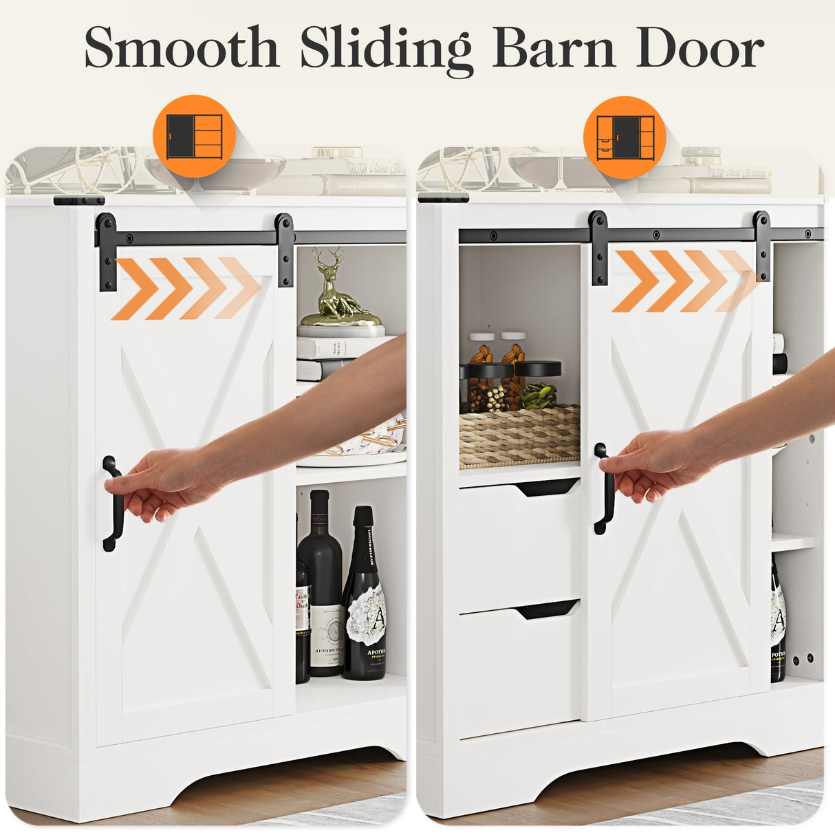 HEYNEMO Farmhouse Coffee Bar Cabinet with Sliding Barn Door, 32" H Accent Cabinet with 2 Drawers and Removable Partitions, Wooden Rustic Buffet Sideboard Storage Cabinet for Living Room, White HEYNEMO