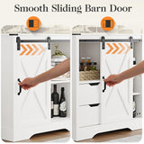 HEYNEMO Farmhouse Coffee Bar Cabinet with Sliding Barn Door, 32" H Accent Cabinet with 2 Drawers and Removable Partitions, Wooden Rustic Buffet Sideboard Storage Cabinet for Living Room, White HEYNEMO