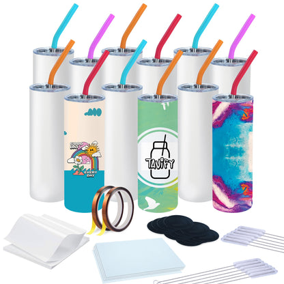 TAVIFY Sublimation Tumblers 20 oz Skinny Pack 12, Straight Double Insulated Polymer Wall for Vibrant Print, Blank Sublimation Tumbler Bulk with Lid, Straw & Shrink Wrap