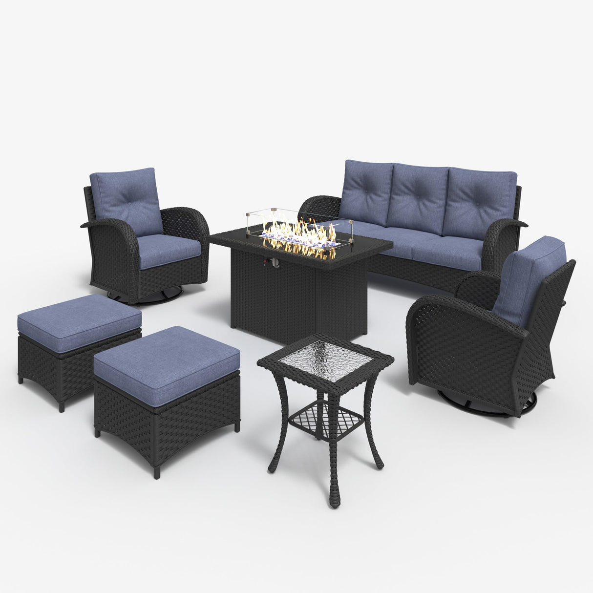 LayinSun 7 Pieces Outdoor Patio Furniture Set with Fire Pit Table, Rattan Wicker Sectional Swivel Rocker Chairs Sets LayinSun