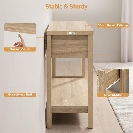 SICOTAS Set of 2 Boho Console Tables with Rattan Drawers and Storage in Reclaimed Light Oak SICOTAS
