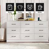 Fameill Dresser for Bedroom, 9 Drawer Wide Dresser Organizer with Charging Station, Tall Dresser for Hallway, Wood Dresser with Metal Handles, Woodgrain White Fameill