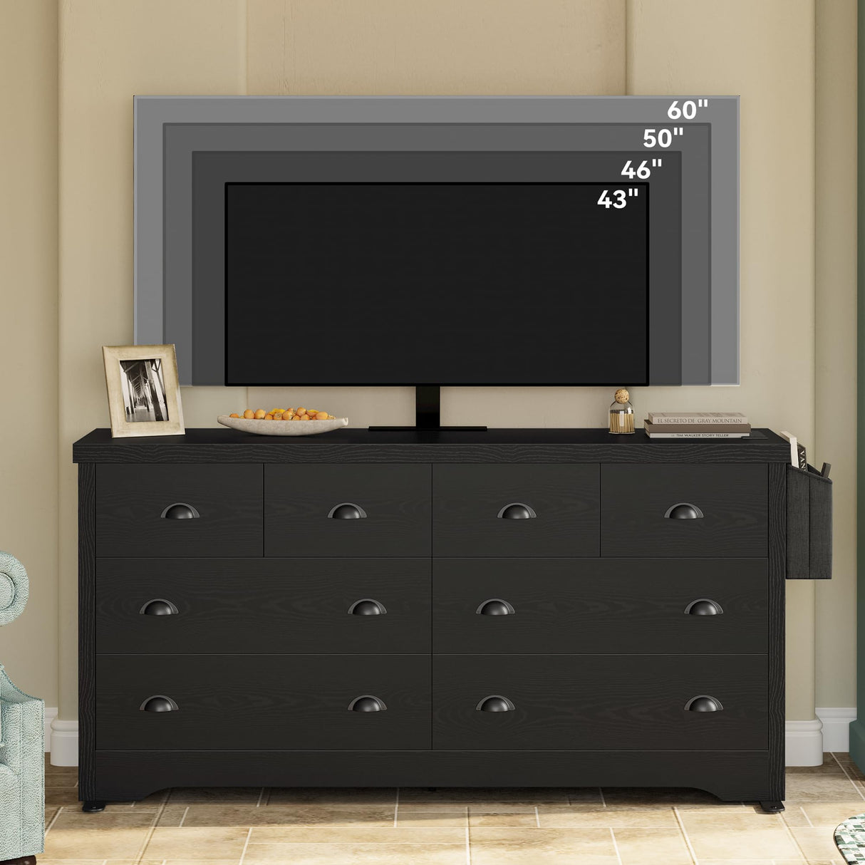 LIKIMIO Dresser 8 Drawer with Charging Station and Storage Bag, Wood Storage Chest of Drawers for Bedroom Living Room Hallway Entryway, Black LIKIMIO