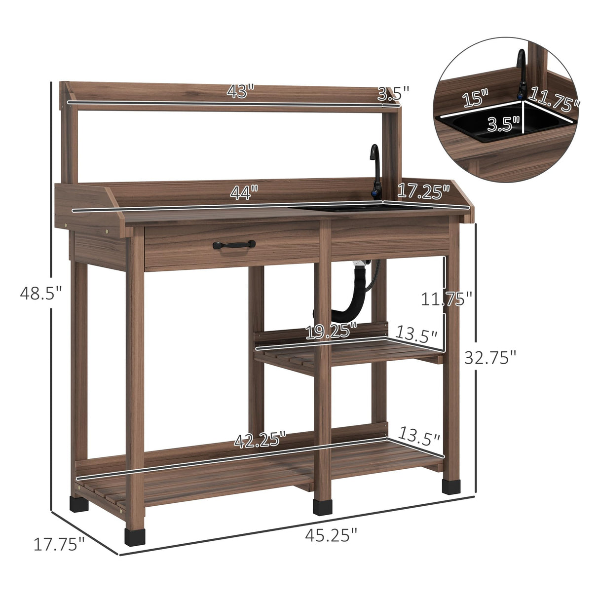 Outsunny Potting Bench Table, Outdoor Garden Table Wooden Work Station with Removable Sink, Faucet, Drawer, Shelves, Hooks, Dark Brown Outsunny