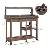 Outsunny Potting Bench Table, Outdoor Garden Table Wooden Work Station with Removable Sink, Faucet, Drawer, Shelves, Hooks, Dark Brown Outsunny