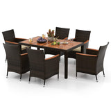 HAPPYGRILL 7 Pieces Rattan Wicker Patio Dining Set, Outdoor Dining Set with Cushions, Large Dining Table with Acacia Wood Top, Outside Dining Furniture Set with Umbrella Hole HAPPYGRILL