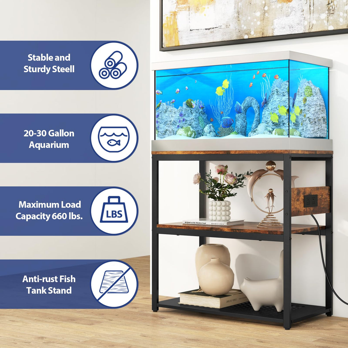 Livofloral 20-29 Gallon Fish Tank Stand With Power Outlets, 3-Tier Metal Aquarium Stand, Breeder Reptile Tank Stand with Shelf for Home Office, 500LBS Capacity, 29.5 x 15.8 x 30.1 inches Livofloral