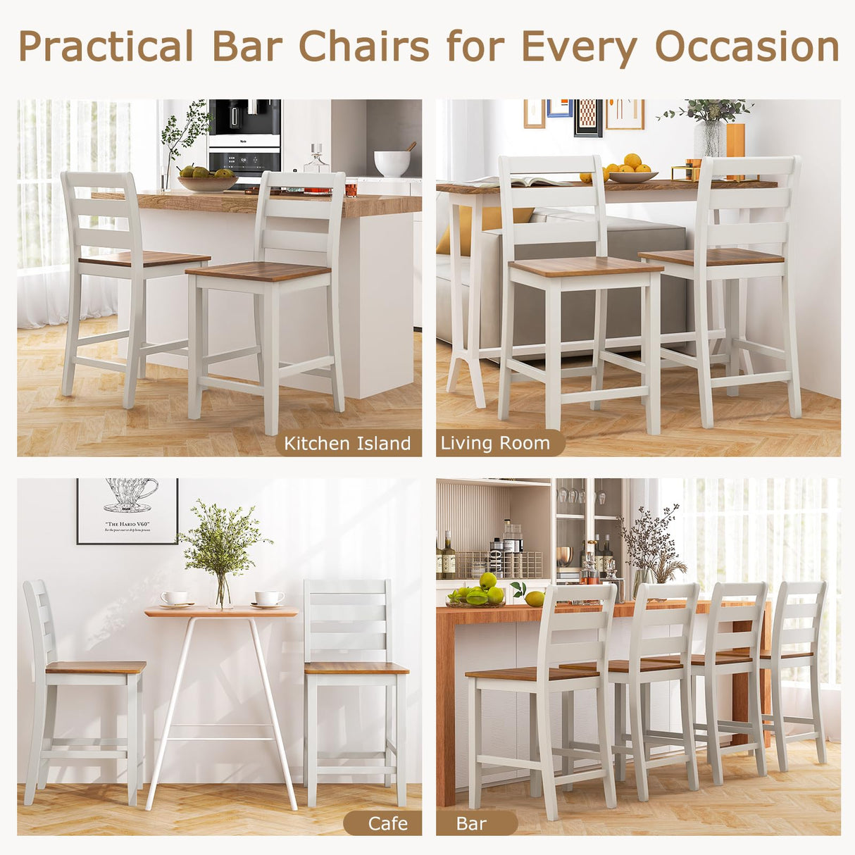 Giantex Counter Height Bar Stools Set of 2, 24" Farmhouse Counter Height Bar Dining Chairs with Back, Rubber Wood Footrest, Acacia Wood Legs, Wooden Barstools for Kitchen Island Pub Restaurant, White Giantex