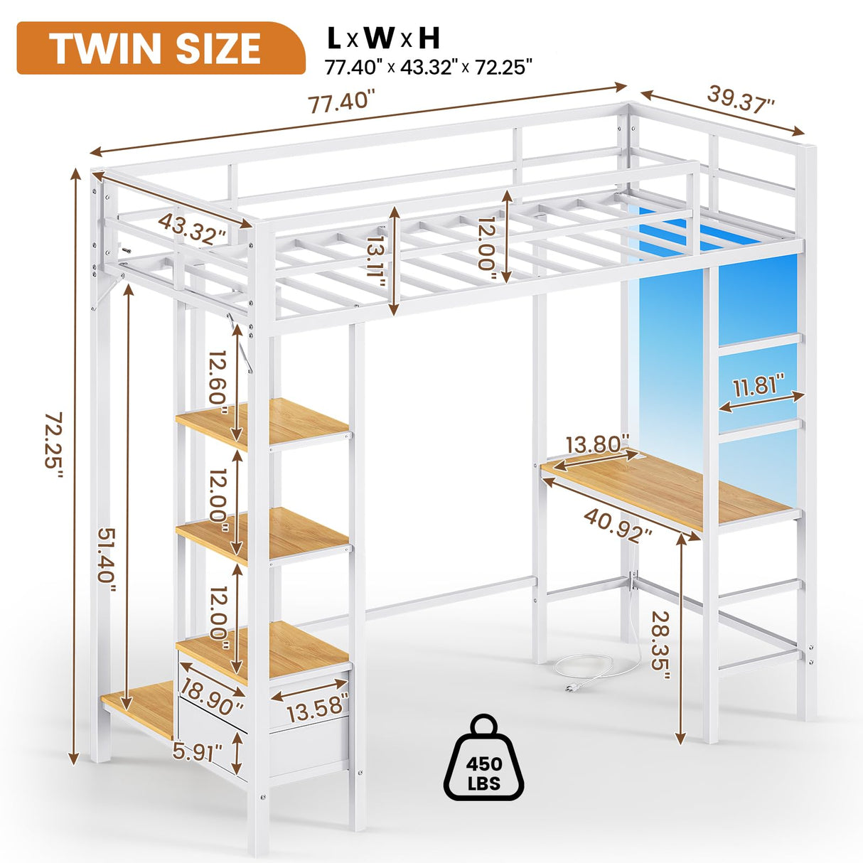 Hasuit Metal Loft Bed Twin Size with Desk and Charging Station White Twin Loft Bed with LED Lights, 4 Storage Shelves and 2 Fabric Drawers, Twin Size Loft Bed with Safety Guard, Clothes Rail & Ladder Hasuit
