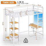 Hasuit Metal Loft Bed Twin Size with Desk and Charging Station White Twin Loft Bed with LED Lights, 4 Storage Shelves and 2 Fabric Drawers, Twin Size Loft Bed with Safety Guard, Clothes Rail & Ladder Hasuit