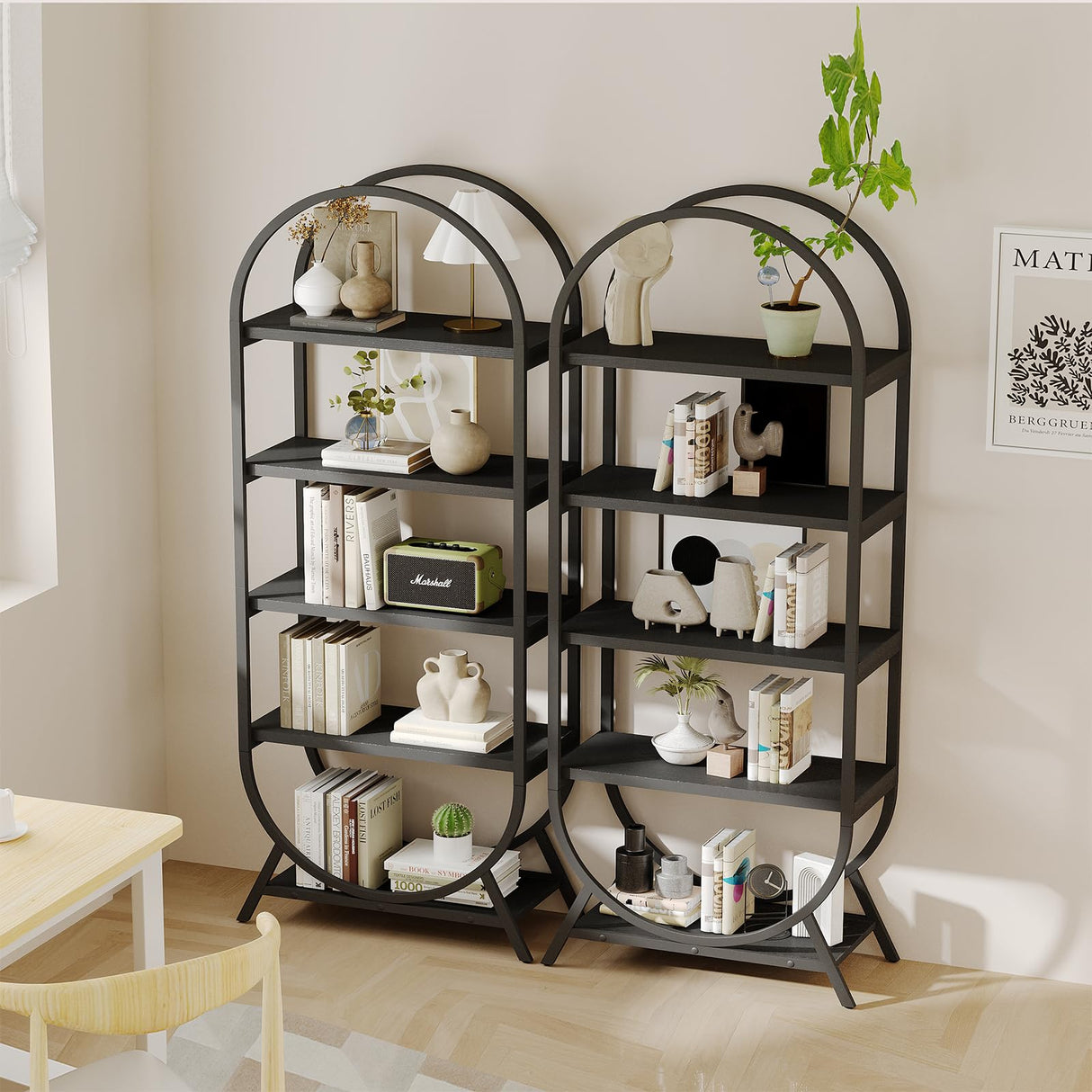 Kogven Bookshelf Arched Bookcase, Industrial 5 Tier Open Book Shelves with Metal Frame, 72" Tall Freestanding Display Rack for Home Office, Living Room, Black Kogven