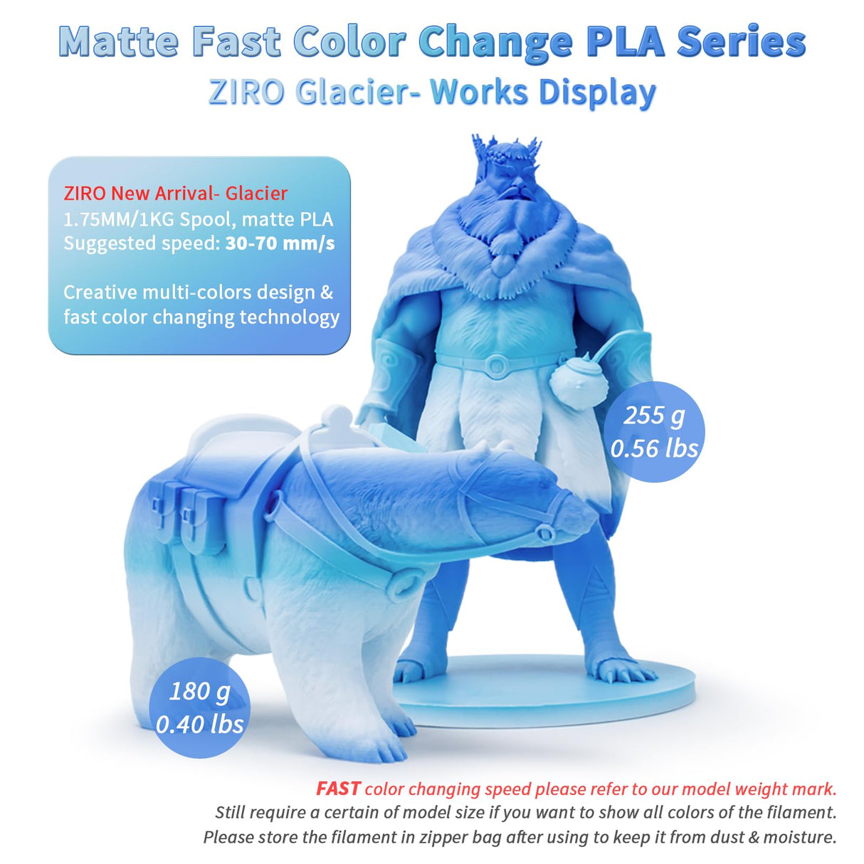 ZIRO Color Change Filament, Matte Multi Colors 3D Printer Filament, Faster Color Change by Length PLA, Dimensional Accuracy +/-0.03mm, 1KG/ 2.2lbs Spool, Fit Most FDM 3D Printer, Glacier ZIRO