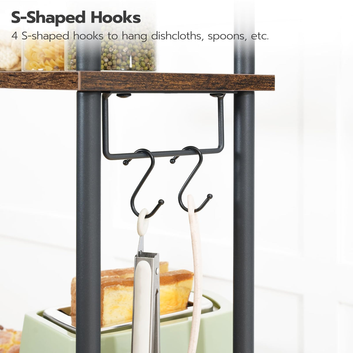 HOOBRO Kitchen Bakers Rack with Power Outlets, 5-Tier Microwave Stand, Coffee Bar with S-Shaped Hooks, Kitchen Storage Shelf Rack for Living Room, Dining Room, Rustic Brown and Black BF80UHB01 HOOBRO