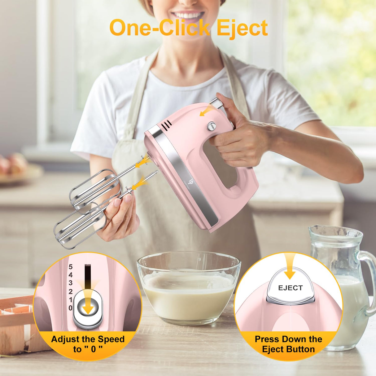 Hand Mixer Electric, 400W Food Mixer 5 Speed Handheld Mixer, 5 Stainless Steel Accessories, Storage Box, Kitchen Mixer with Cord for Cream, Cookies, Dishwasher Safe, Pink LILPARTNER