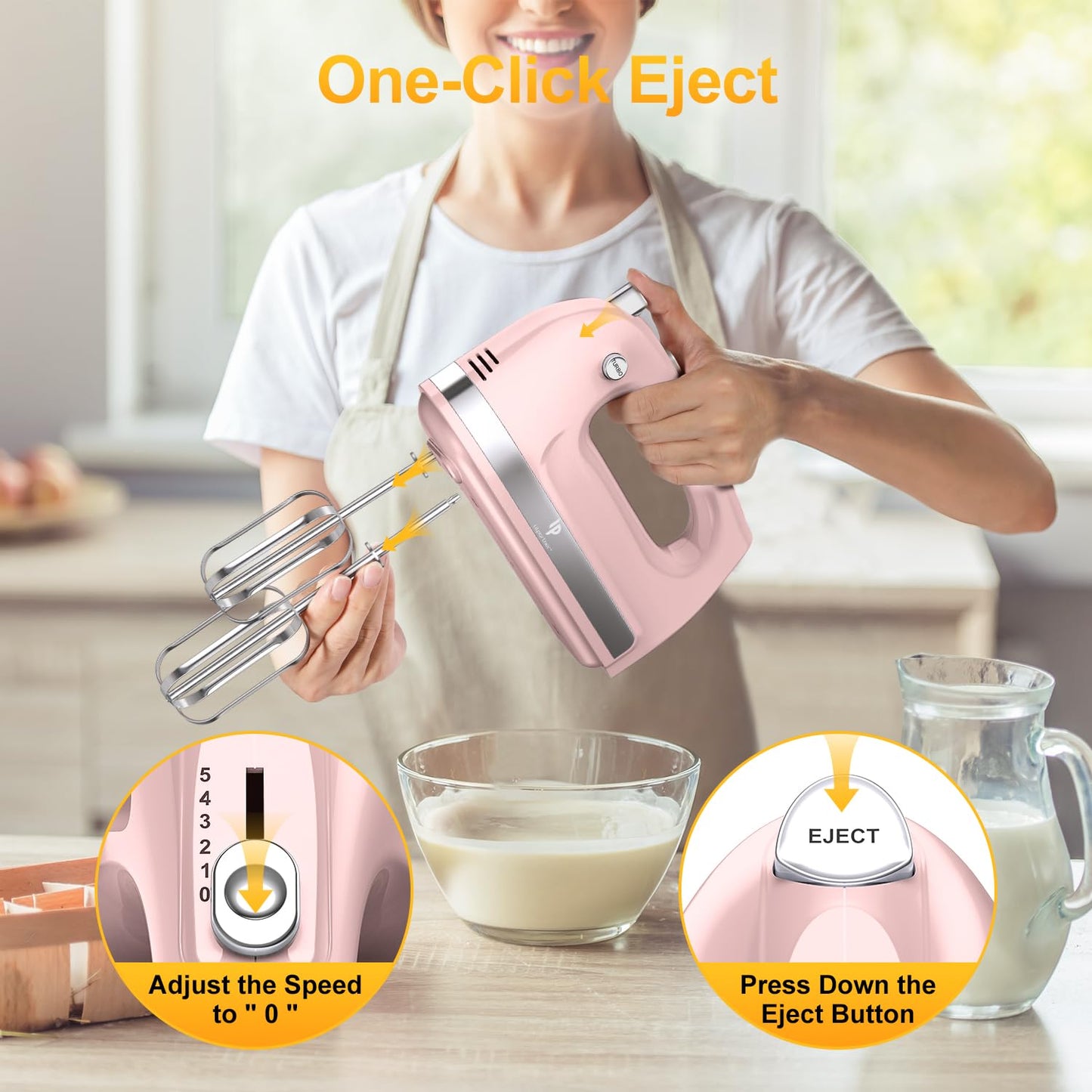 Hand Mixer Electric, 400W Food Mixer 5 Speed Handheld Mixer, 5 Stainless Steel Accessories, Storage Box, Kitchen Mixer with Cord for Cream, Cookies, Dishwasher Safe, Pink