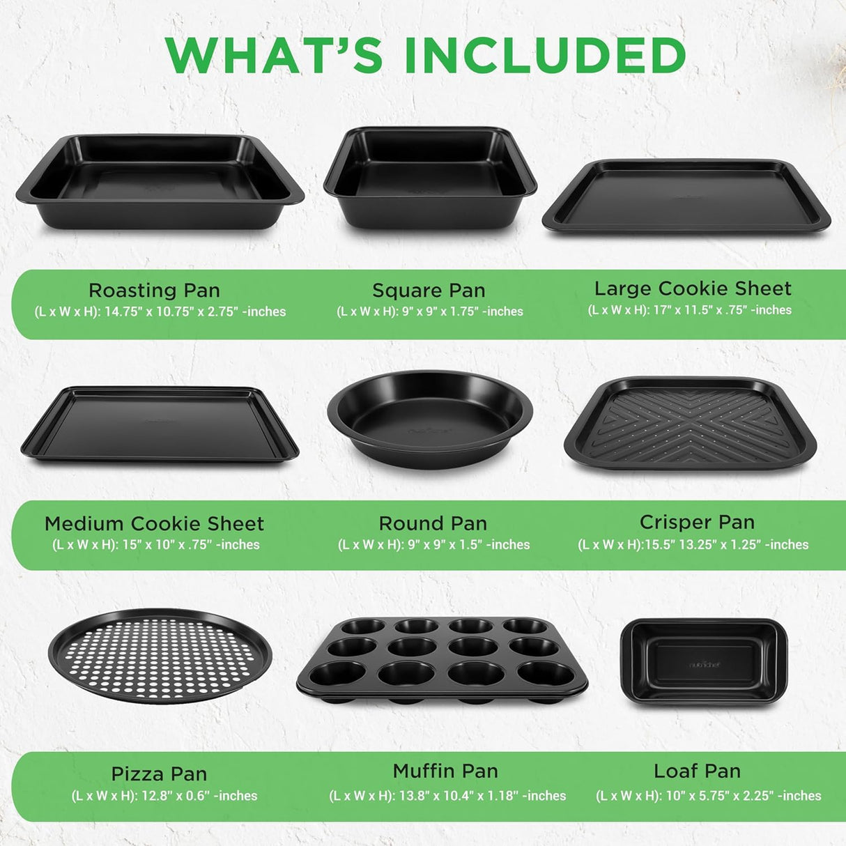 NutriChef 10-Piece Non-Stick Baking Pans Set - Deluxe Carbon Steel Bakeware Set w/ Cookie Sheets, Muffin Pan, Roasting Pan, Cake Pan, Baking Tray, Pizza Pan - Easy to Clean, Black NutriChef