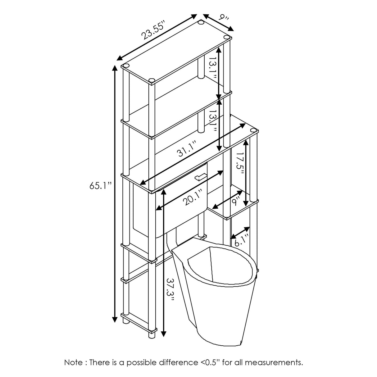 Furinno Turn-N-Tube Over The Toilet Storage, 5 Shelves Bathroom Organizer Space Saver Rack, French Oak Grey/Black Furinno