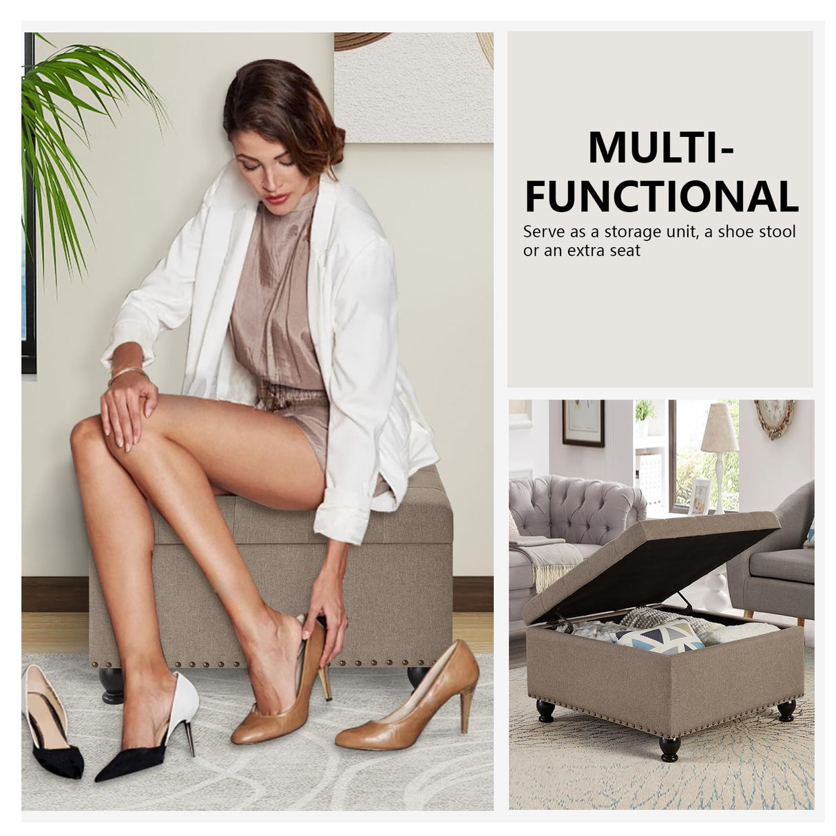 BAOMKONG Upholstered Square Ottoman, 30 Inch Linen Fabric Button Tufted Storage Ottoman with Wooden Legs Coffee Table with Nail Trims 4 in 1 Storage Chest Footrest Padded Seat End Table, Khaki BAOMKONG