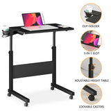 Klvied Standing Desk Adjustable Height, Stand Up Desk with Cup Holder, Portable Laptop Desk, Mobile, Small Computer Desk, Bedside Table, Black Rolling Desk, Work Desk for Home Office Klvied