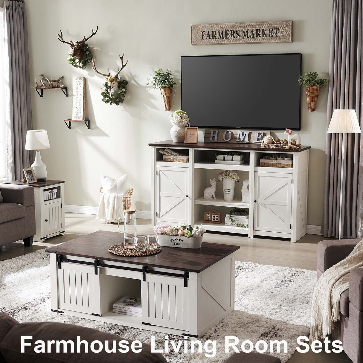 IFGET Farmhouse TV Stand for TVs Up to 80 inches, 39" Tall Highboy Entertainment Center w/Barn Door, Large Wood Rustic TV Console Cabinet w/Adjustable Shelves for Living Room, 70inch, White IFGET