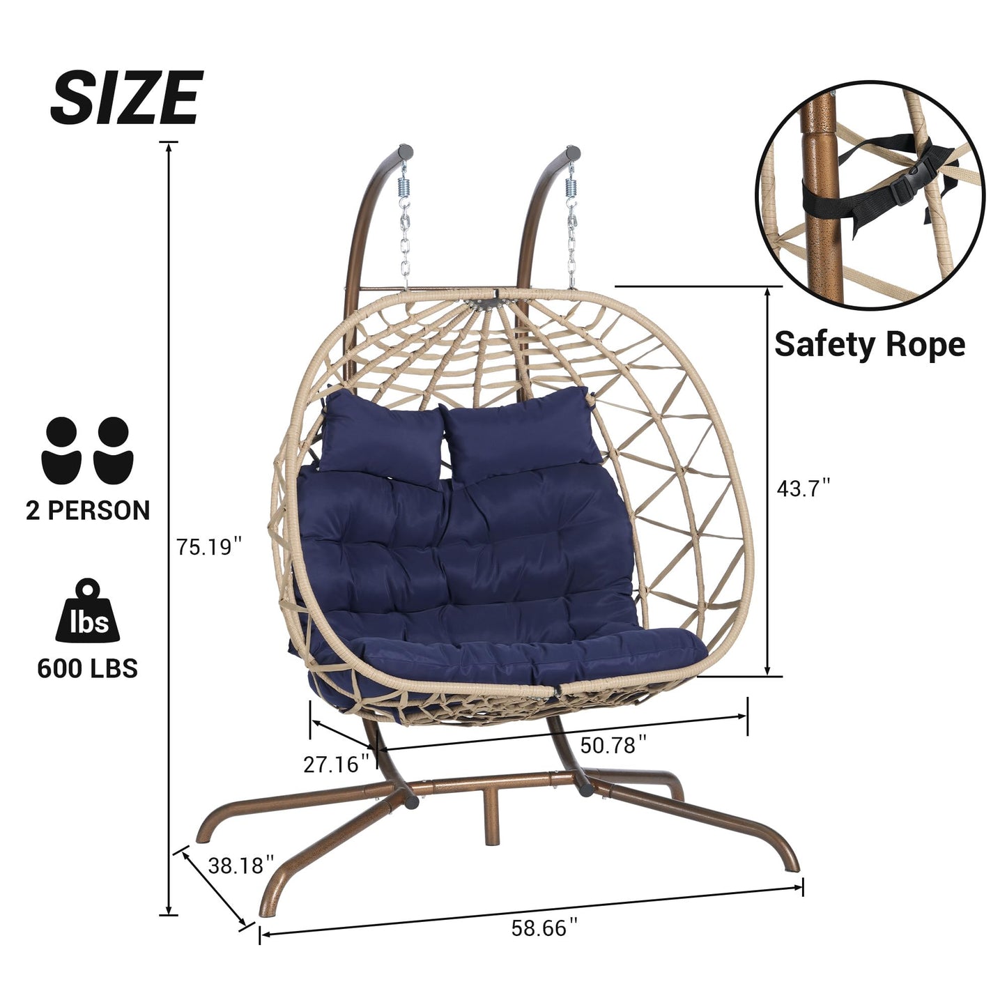 Brafab Double Rattan Swing Egg Chair with Stand, Oversized 2 Person Wicker Hanging Egg Chair for Indoor/Outdoor, Basket Hammock Chair with UV Resistant Cushion, 600 lbs Capacity, Blue