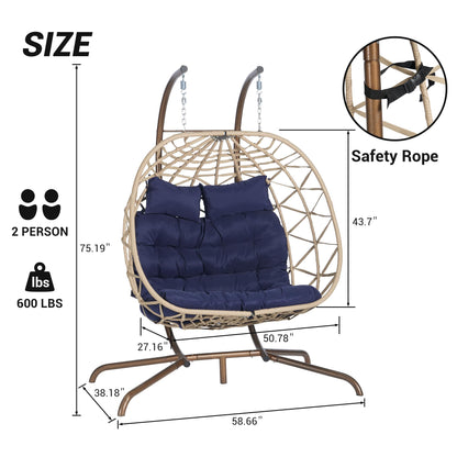 Brafab Double Rattan Swing Egg Chair with Stand, Oversized 2 Person Wicker Hanging Egg Chair for Indoor/Outdoor, Basket Hammock Chair with UV Resistant Cushion, 600 lbs Capacity, Blue