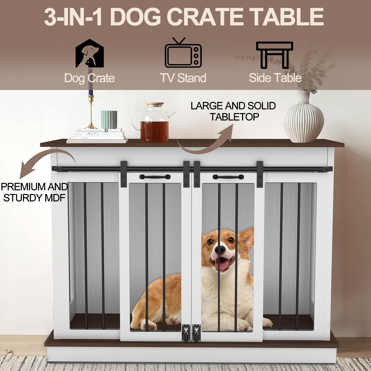 BTDWI Dog Crate Indoor Furniture, 47.2'' Dog Kennel with 2 Sliding Doors, Heavy Duty Wooden Dog Cage for Large Medium Small Dogs, White BTDWI