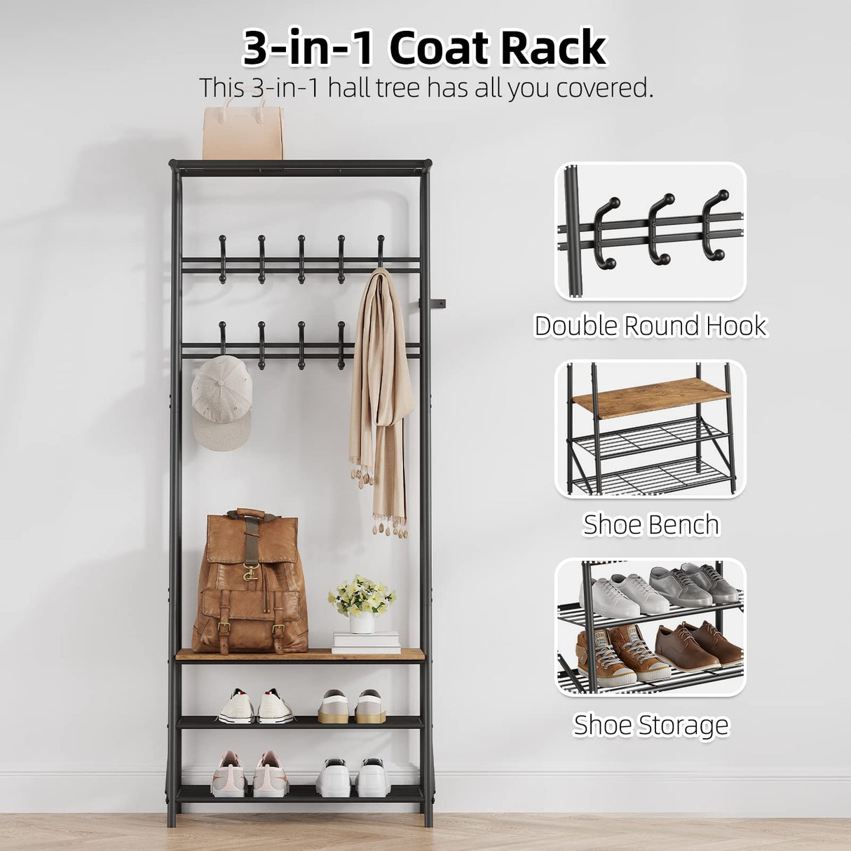 Coat Rack Shoe Bench with 10 Hooks, Hall Trees Entryway Bench with Storage, Multifunctional Hallway Organizer, Wood Look Accent Furniture with Metal Frame Amyove