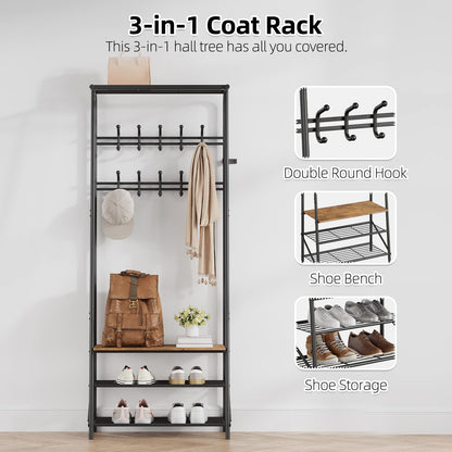 Coat Rack Shoe Bench with 10 Hooks, Hall Trees Entryway Bench with Storage, Multifunctional Hallway Organizer, Wood Look Accent Furniture with Metal Frame - WoodArtSupply