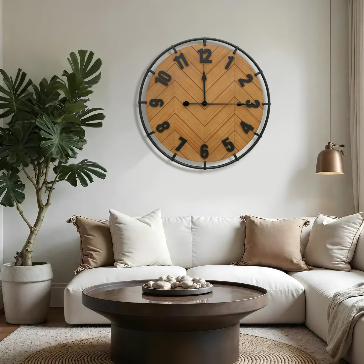Micasso Large Farmhouse Wall Clock: 27 Inch Rustic Antique Wood Silent Battery Operated Clock with Metal Circle and Large Numerals for Living Room/Bedroom/Office Micasso