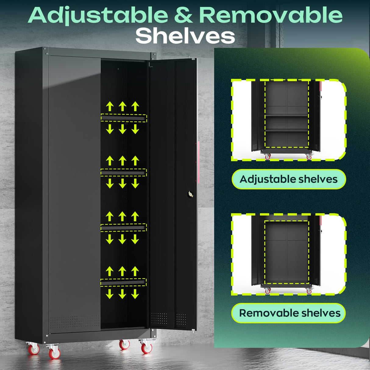 Kelueo 71" H Metal Garage Storage Cabinet with Wheels, 4 Adjustable Shelves & Locking Doors – Steel Tool Cabinet for Home,Basement,Utility Room – Garage Cabinets and Storage System, Black Kelueo