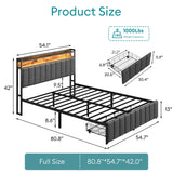 Full Bed Frame with Storage, Upholstered Bed Frame with LED Lights Headboard and 2 Drawers, Full Size Bed Frame with Charging Station, Noise-Free, No Box Spring Needed, Easy Assembly, Grey stasado