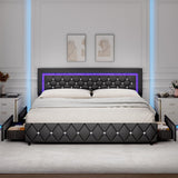 King Size Bed Frame with LED Lights and Storage Drawers, Upholstered Platform Bed with Crystal Tufted Headboard, Wooden Slats Support, No Box Spring Needed, Easy Assembly, Black BarnFurin