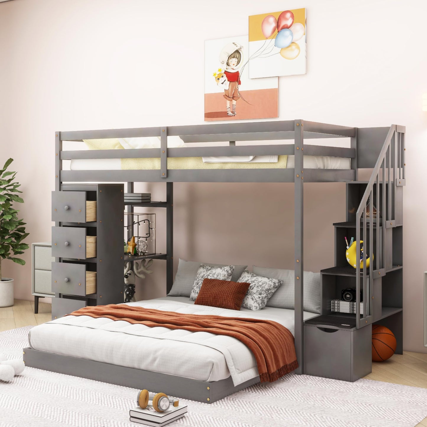 Harper & Bright Designs Grey Twin Over Full Bunk Bed with Storage Stairs and Drawers