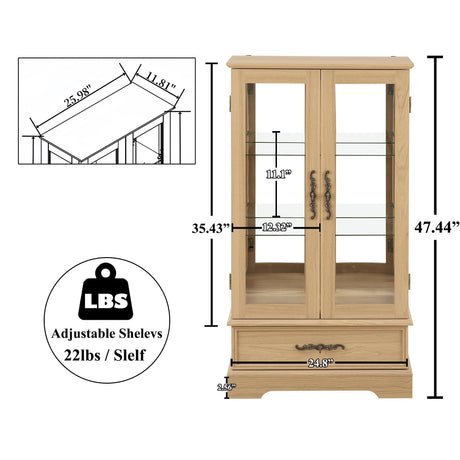 nifoti 47" H Lighted Curio Cabinet Display Case, Glass Cabinets with Adjustable Shelves,Tempered Glass Door and Drawer, Wooden Curio Cabinet with Mirrored Back Pane for Living Room (Light Oak) nifoti