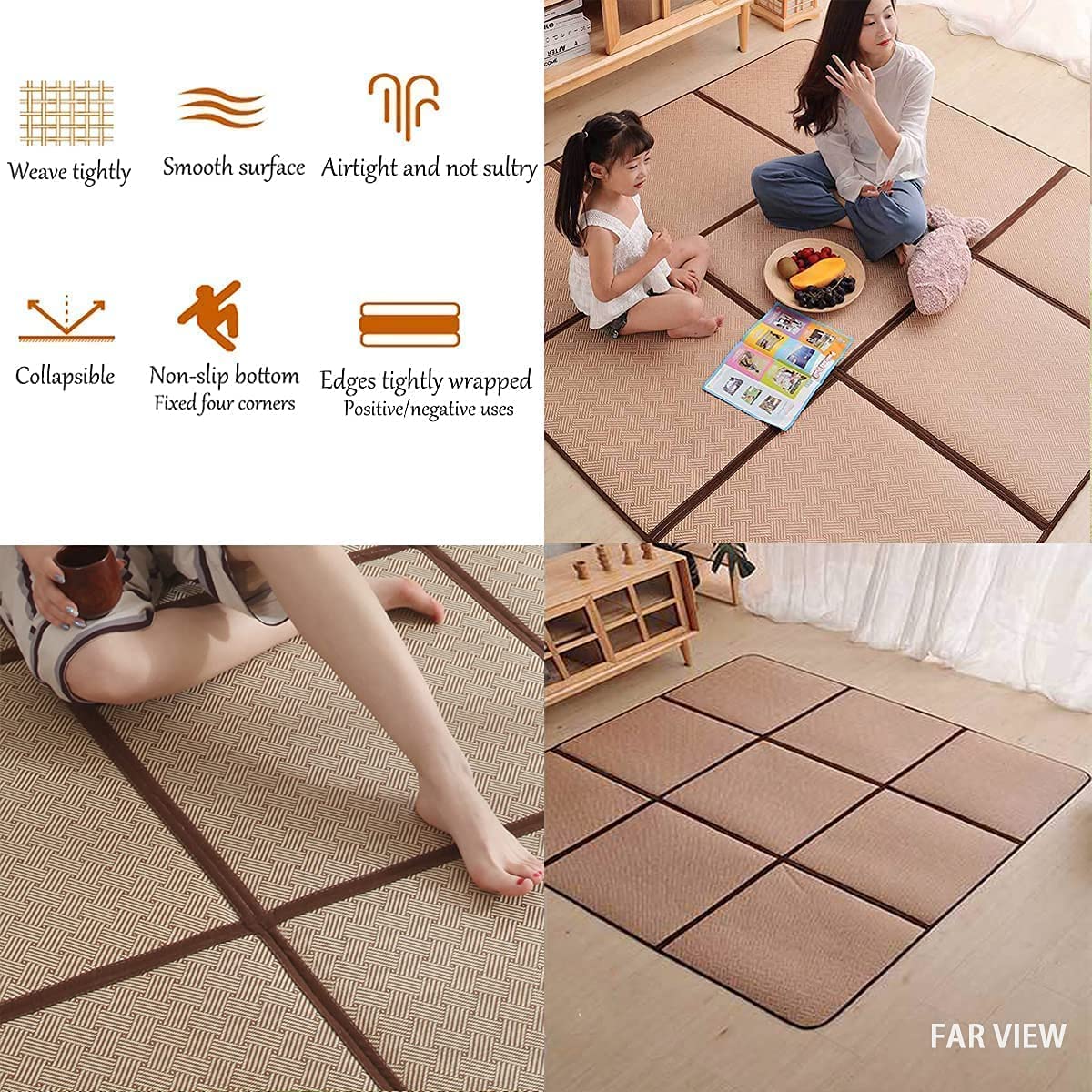 MYOYAY Large Japanese Tatami Mat 71x 71in Summer Breathable Sleeping Mat Foldable Rattan Floor Mat Non-Slip Memory Foam Stitching Carpet Crawling Mats Living Room Bedroom Playroom Yoga (Brown) MYOYAY