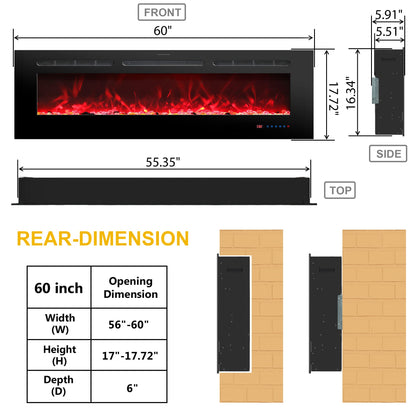 Rodalflame 60 Inches Electric Fireplace Inserts, Recessed and Wall Mounted Fireplace Heater for Indoor Use with Remote Control, 13 Color Flames with Log &Crystal, 9H Timer, 750/1500W