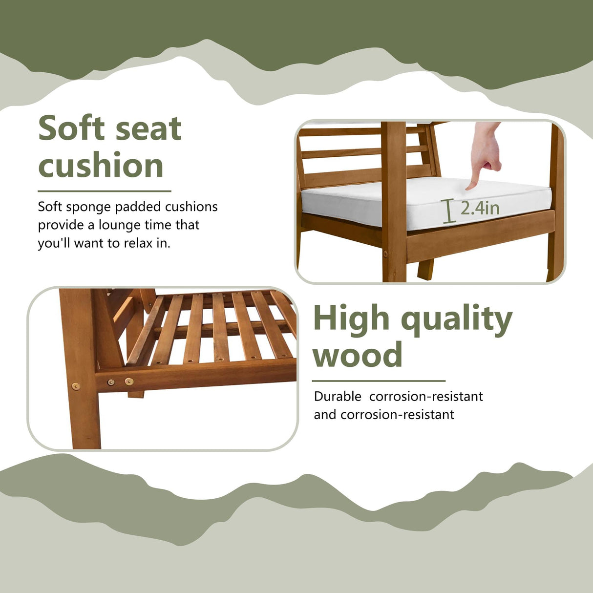 PayLessHere 3 Pieces Acacia Wood Patio Bistro Set with Water Resistant Cushions and Coffee Table for Backyard Garden Patio Furniture Outdoor Table Chair Set Outdoor Wood Chat Chairs Set PayLessHere