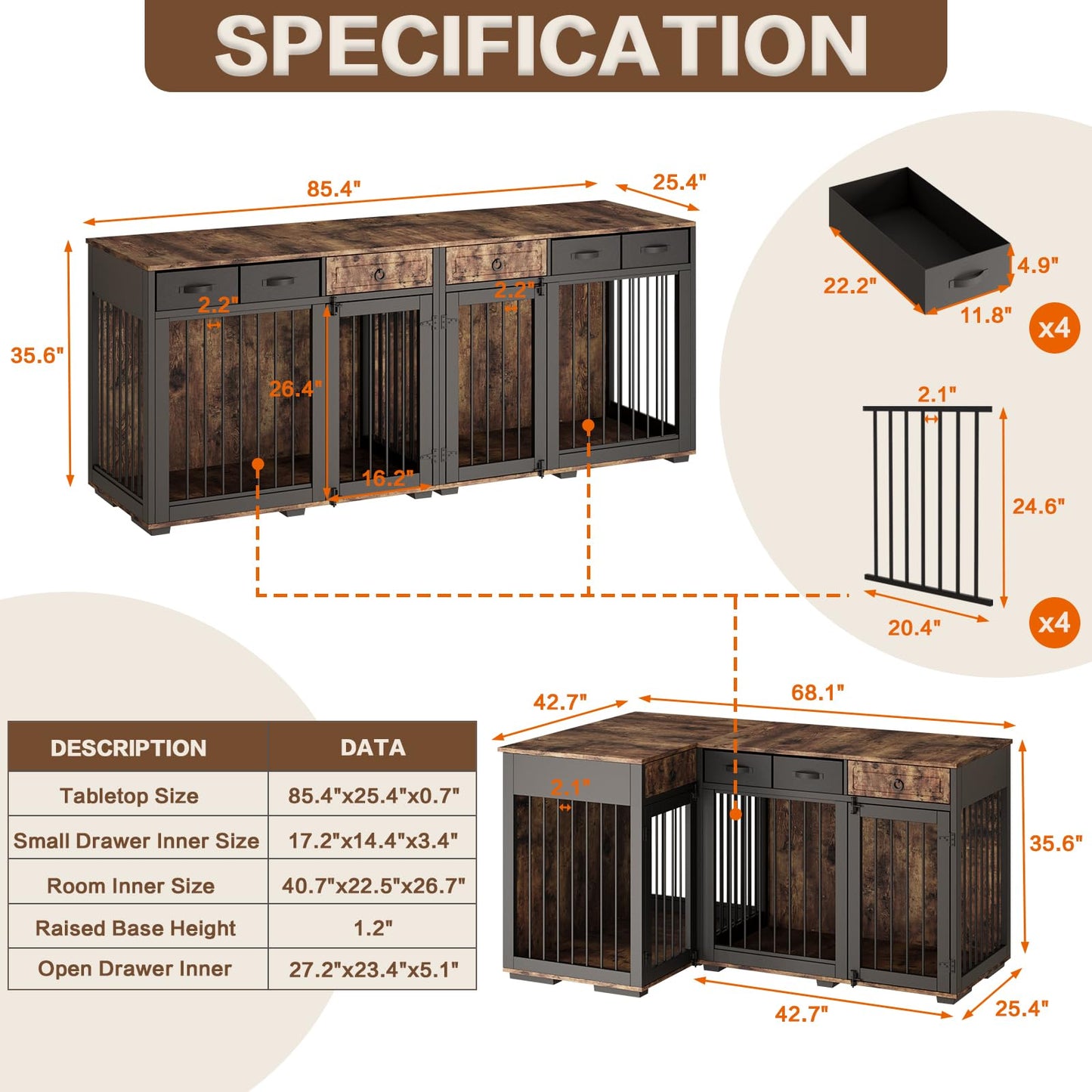 85.4" Dog Crate Furniture for 2 Dogs,Wooden Furniture Style Double Dog Kennel Crates Cages Large Breeds TV Stand Table with Storage and Divider Indoor,6 Combinations,Rustic Brown