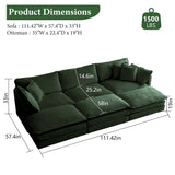 111.42" Deep Seat Sectional Cloud Sofa Sleeper with 3 Ottomans & Soft Pillows, 6 Seat Modular Couch Bed for Living Room, Apartment, Dark Green Chenille Tmsan