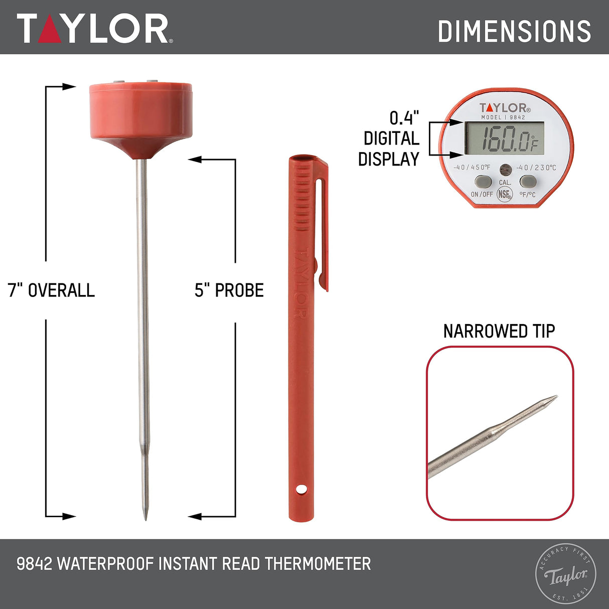 Taylor Waterproof Digital Instant Read Thermometer For Cooking, BBQ, Grilling, Baking, And Meat, Comes With Pocket Sleeve Clip, Red Taylor