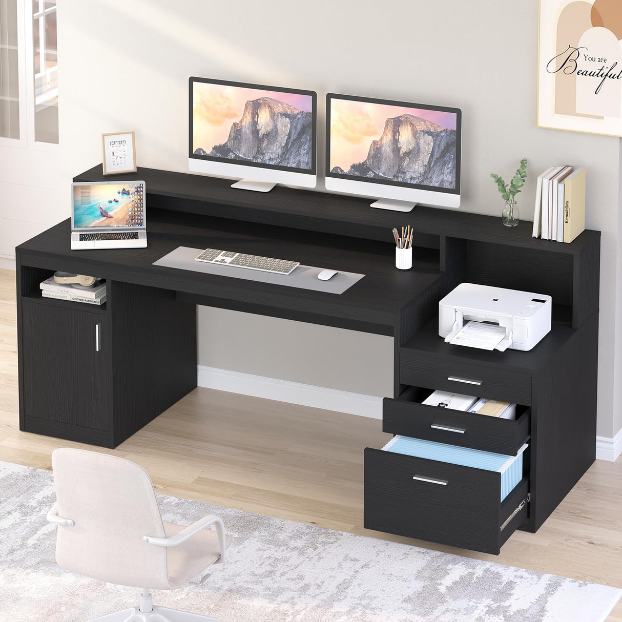 YOMILUVE Computer Desk with 3 Drawer & Storage Shelves, Home Office Desk with File Drawer & Cabinet, Writing Study Table with Long Monitor Stand & Printer Shelf, Executive Desk, Black YOMILUVE