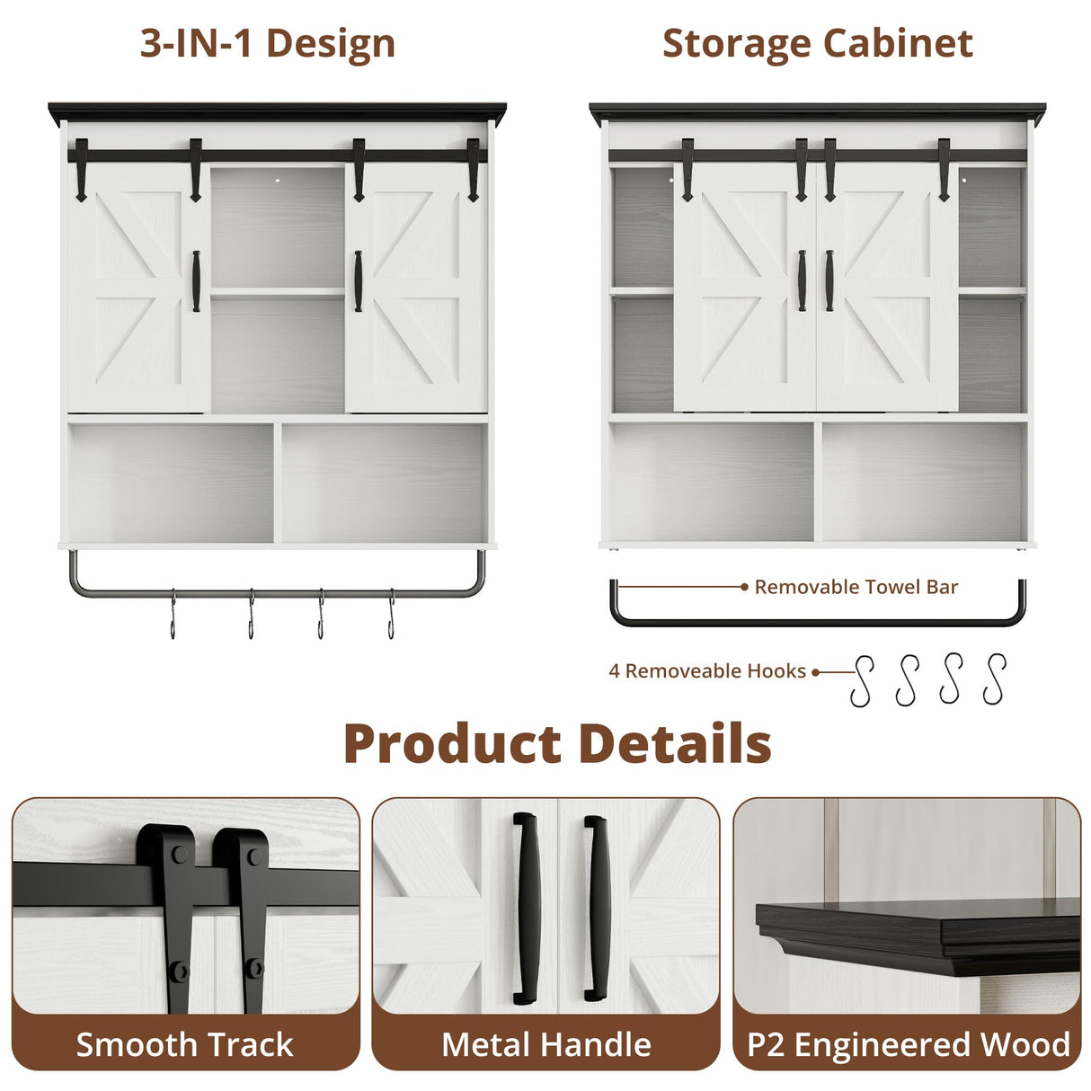 IRONCK Bathroom Wall Cabinet, Farmhouse Medicine Cabinet with Sliding Barn Door and LED Lights, Storage Cabinet Wall Mounted with Adjustable Shelves & Towel Bar for Bathroom, Kitchen, White IRONCK