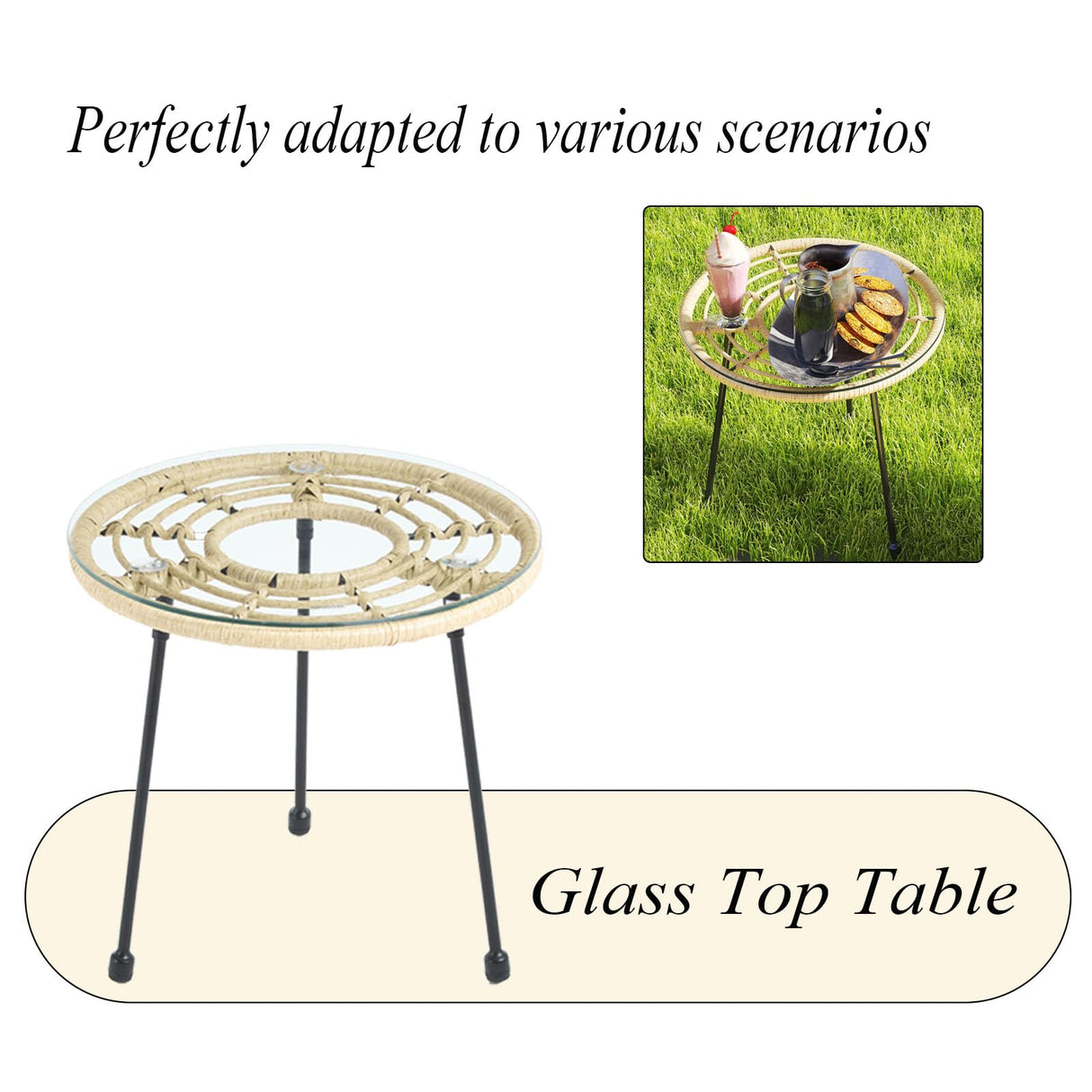 DAYAOUTDOOR 3 Pieces Outdoor Bistro Set, Bistro Set Outdoor with Glass Top Table, Patio Wicker Furniture Set 3 Piece, Rattan Conversation Set for Balcony, Lawn, Garden, Backyard, Poolside, Beige DAYAOUTDOOR