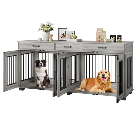 Garvee 71" Double Dog Crate Furniture, Heavy Duty Dog Kennel Indoor with 3 Storage Drawers & Divider, Decorative Side Table Pet Cage for Small & Medium Breeds, Grey Oak Garvee